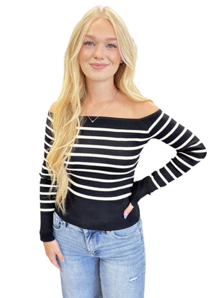 Stripe Off The Shoulder Long Sleeve Knit Sweater