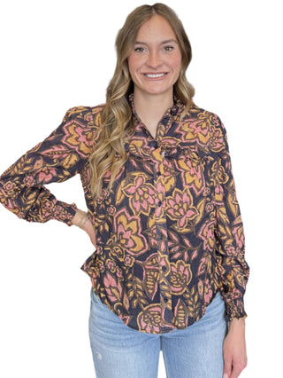 Floral Print Ruffle Detail Button Front Blouse