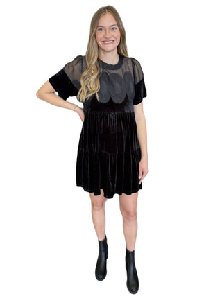 Contrast Sheer Mesh Panel With Lace Detail Velvet Dress