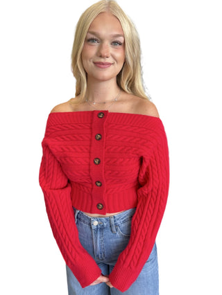 Red Off Shoulder Button Down Sweater Top