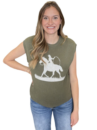 Western Graphic Cap Sleeve Sweater