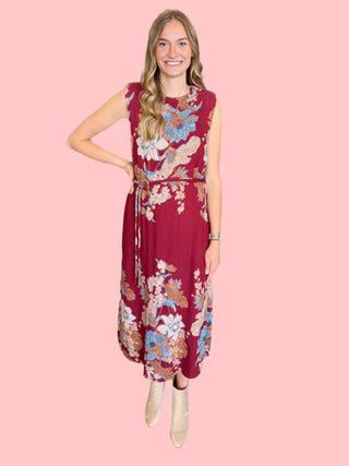 Floral print sleeveless midi dress featuring round neckline