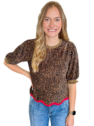 Contrast Wavy Hem Detailed Velvet Animal Print Top