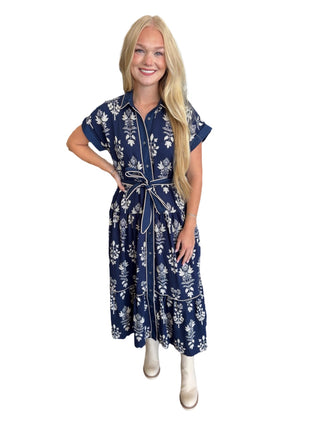 Botanical pattern faux roll-up sleeve band midi dress