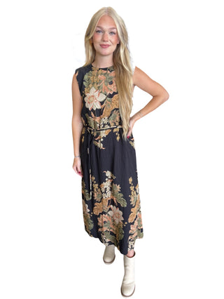 Floral print sleeveless midi dress featuring round neckline