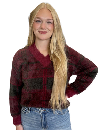 V-Neck Line Plaid Knit Sweater Top