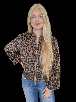 Leopard Printed Fur Bomber Jacket
