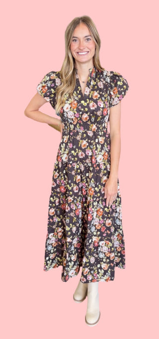 Chocolate Floral Print Bubble Sleeve Maxi Dress