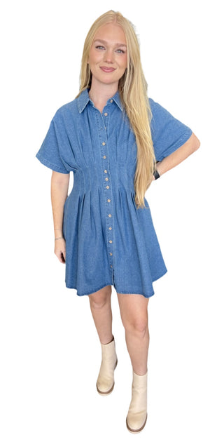 Pleated Button Down Denim Midi Dress