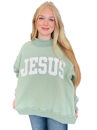 Sage Jesus Embroidered Mock Neck Sweatshirt