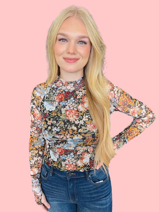 Black Floral Mesh Print Top