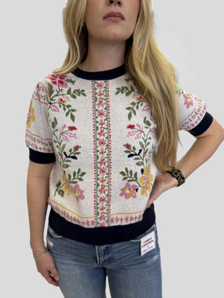 Off White Floral Detail Short Sleeve Sweater