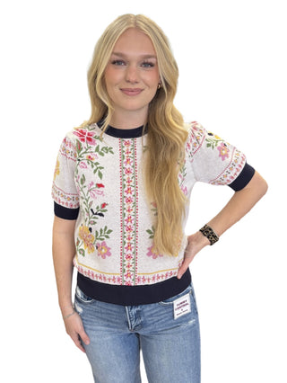 Off White Floral Detail Short Sleeve Sweater