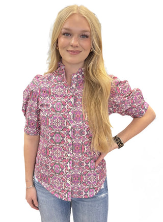 Puff Short Sleeves Ruffle Neck Button Down Top