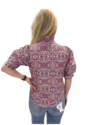 Puff Short Sleeves Ruffle Neck Button Down Top