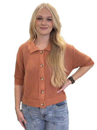 Terracotta Button Knitted Collared Top