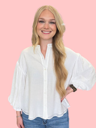 White Puff Sleeve Button Down Shirt