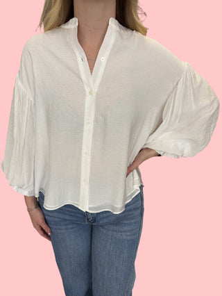 White Puff Sleeve Button Down Shirt