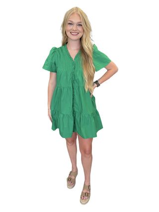 Front Button Down Pleated Detail Ruffle Mini Dress