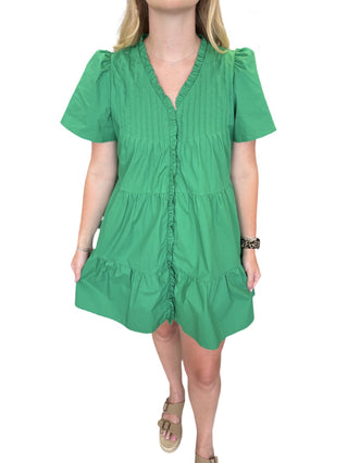 Front Button Down Pleated Detail Ruffle Mini Dress