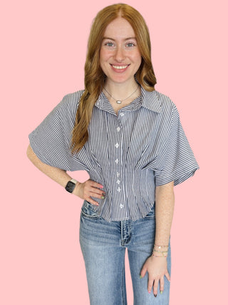 Stripe Button Front Shirt With Pleated Waist Detail