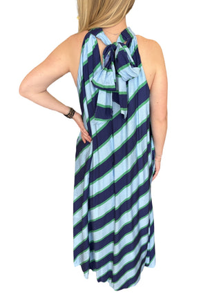 Striped sleeveless maxi dress featuring halter neck with back self-tie bow