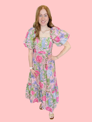 Floral print short puff sleeve midi dress featuring square neckline.