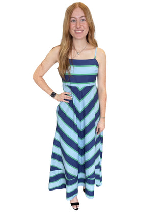 Striped sleeveless midi dress featuring chevron stripe placement