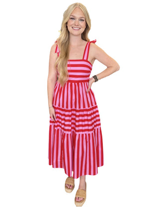 Striped sleeveless midi dress featuring bow shoulder straps