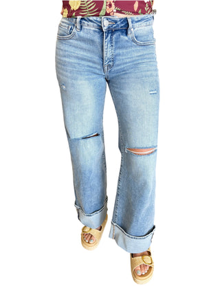 Mid Rise Wide Leg Cuffed Jeans