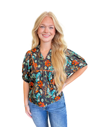 Botanical Print V-neck Band Collar Dolman Sleeve Top