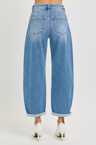 High Rise Crop Mid Barrel Cuffed Jeans