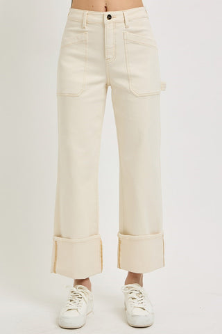 Risen High Rise Wide Straight Turn Up Cuffed W/Patch Pocket Detail Jeans