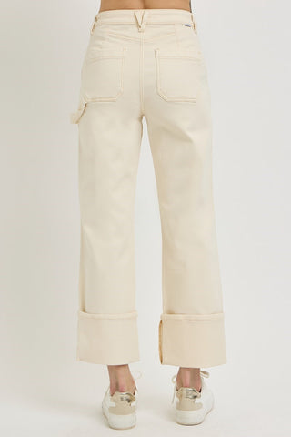 Risen High Rise Wide Straight Turn Up Cuffed W/Patch Pocket Detail Jeans