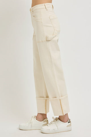 Risen High Rise Wide Straight Turn Up Cuffed W/Patch Pocket Detail Jeans