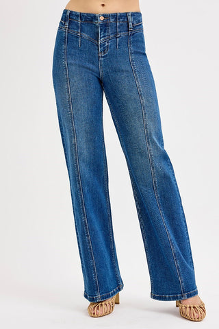 High Rise Wide Leg Front Yoke Detailed Jeans