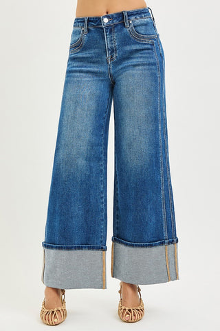 High Rise Wide Leg Cuffed Jeans With Double Front Pocket