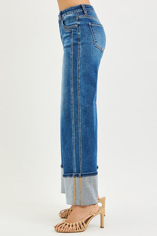 High Rise Wide Leg Cuffed Jeans With Double Front Pocket