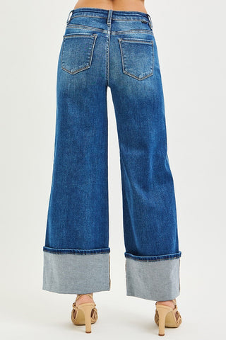 High Rise Wide Leg Cuffed Jeans With Double Front Pocket