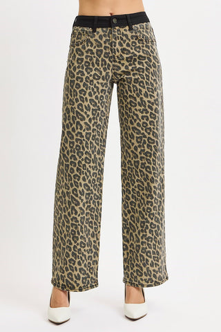 High Rise Wide Leg Leopard Printed Contrast WB Detail Pants