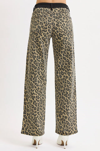 High Rise Wide Leg Leopard Printed Contrast WB Detail Pants