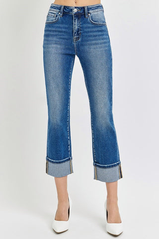 Risen High Rise Ankle Straight Cuffed Jeans