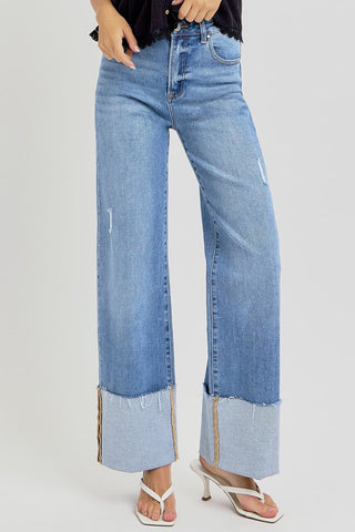 Medium Wash High Rise Ankle Wide Cuffed Jeans