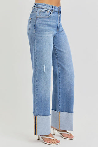 Medium Wash High Rise Ankle Wide Cuffed Jeans