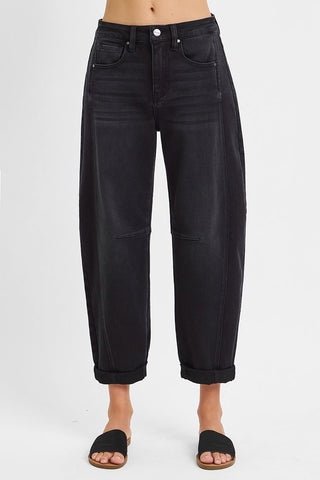 Black High Rise Crop Barrel Cuffed Jeans