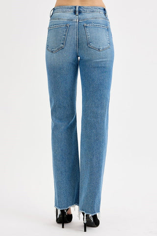 Tummy Control High Rise Wide Leg Raw Cut Hem Jeans