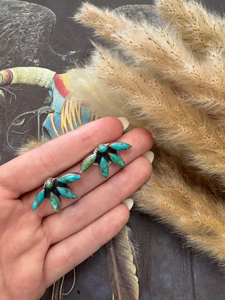 Genuine Turquoise Half Flower Cluster Earrings