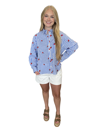 Strawberry Embroidered Button Down Blouse