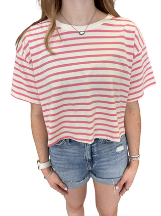 Striped Oversized Short Sleeve Cropped Tee