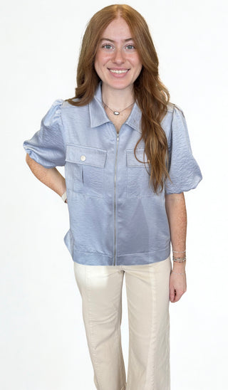 Pale Blue Pocket Top With Puff Sleeves & Zipper Detail